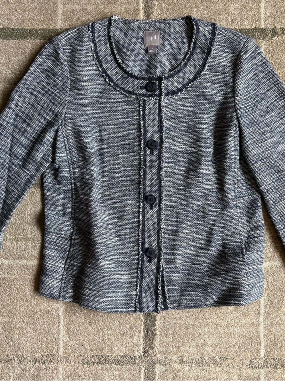 J Jill Midnight Boucle Tweed Blazer Jacket Womens S Navy Rolled Cuff Pockets